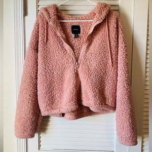 Forever 21 Pink Sherpa Hooded Zip-Up Jacket